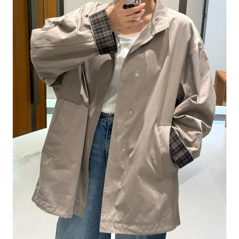 MM宽松中长款暗扣翻领风衣外套女 2025年秋季新款卡其色夹克上衣|undefined