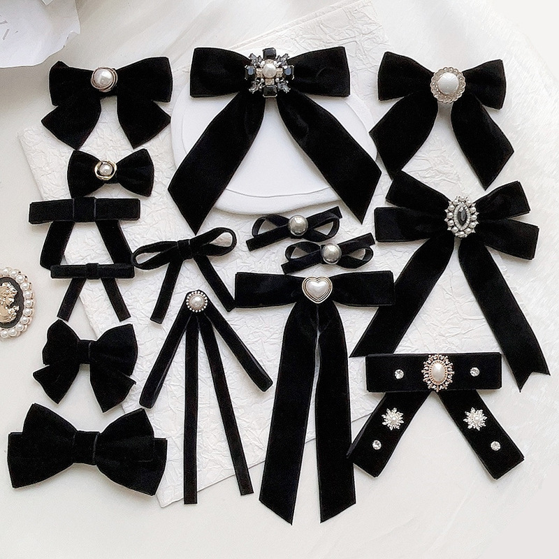 French Black Velvet Small Bow Ties All-match Elegant Sweater Shirt Exquisite Decorative Brooch JK Uniform Pin Collar Flower