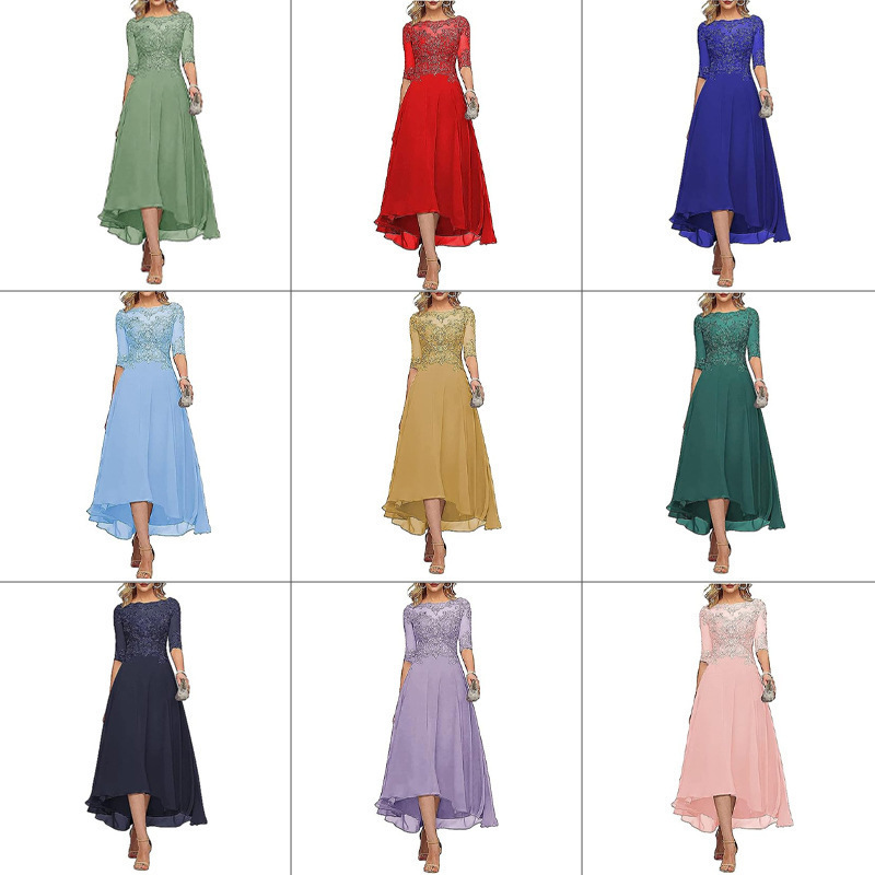 Amazon Aliexpress Dress European and American Chiffon Lace Elegant Mid-Sleeve Multi-Color Plus Size Evening Dress Prom Dress