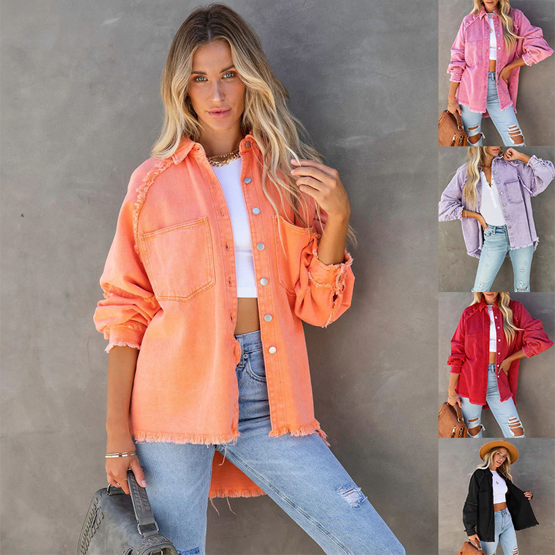 2023 Europe and the United States cross-border autumn and winter New Street trendy tassel lapel loose denim shirt coat women