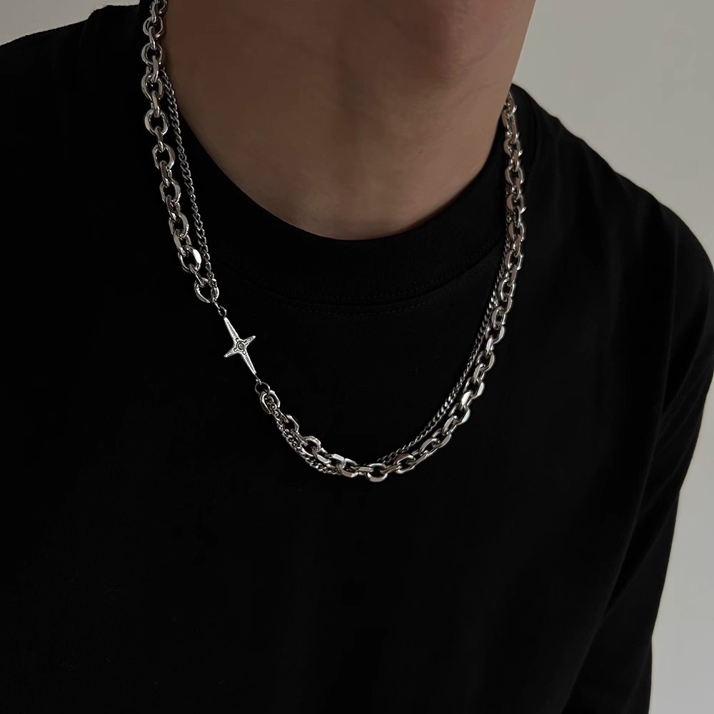 Alloy Chain Material Cuban Link Chain Curb Chain, cable chain Chain Type Men's Hip-Hop Retro Punk Cuban Link Chain Curb Chain Cable Chain Double Layer Necklaces Necklace Geometric Cross Splicing Alloy Men's Chain Necklaces