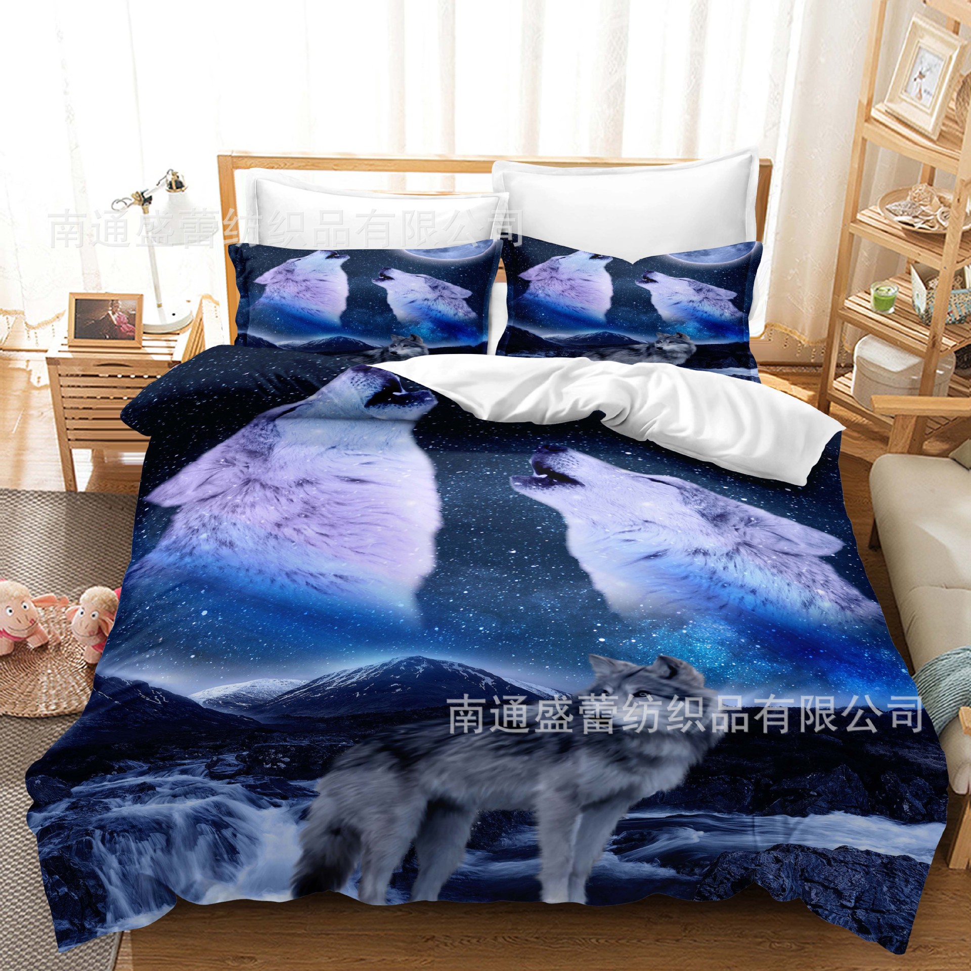 Serie de lobo 3D Impresión digital transfronteriza cubierta de edredón de comercio exterior conjunto de tres piezas conjunto de ropa de cama de cuatro piezas ventas directas de la fábrica