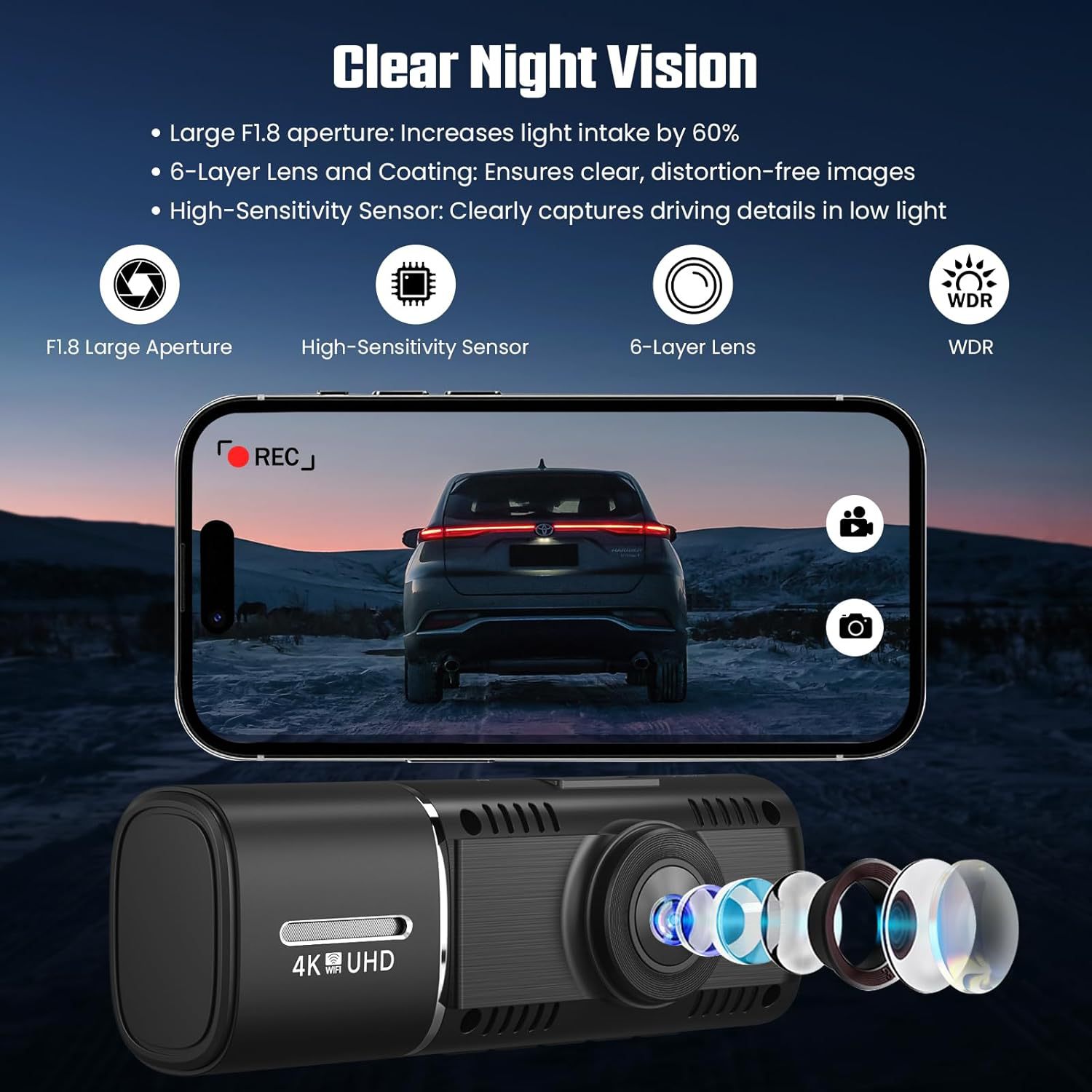Cross-Border Model 1.97-Inch 4K+1080P Dual-Lens Infrared Night Vision High-Definition Dash Cam for Car Interior and Exterior