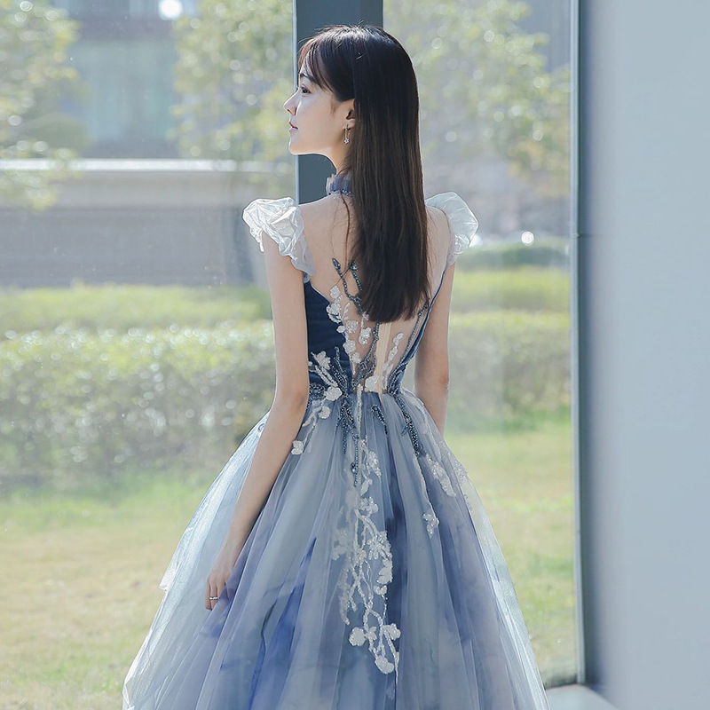 Blue Dress 2026 Spring/Summer New Style with Flutter Sleeves, Elegant Long Dress for Social Gatherings, Adult Ceremony, Art Exam, Banquet, and Evening Gown