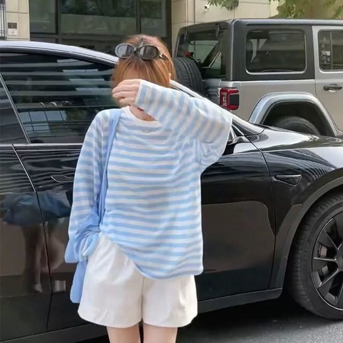【工場在庫あり】テンセルリブ+ソロナコントラストストライプ日焼け止めブラウス夏ゆったり薄手Tシャツ|undefined
