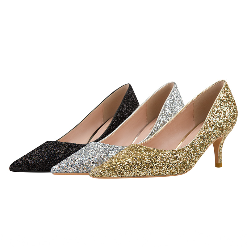 869-7 European and American wind fashion sexy nightclub show thin fine with high heels banquet shallow pointed mouth shining sequins single shoes