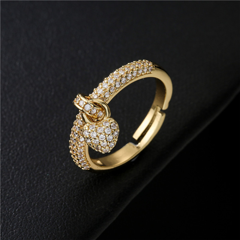 Original Simple Design Copper Plated 18K Gold Open Ring Copper Micro-Paved Zircon Heart Ring Wedding Ring