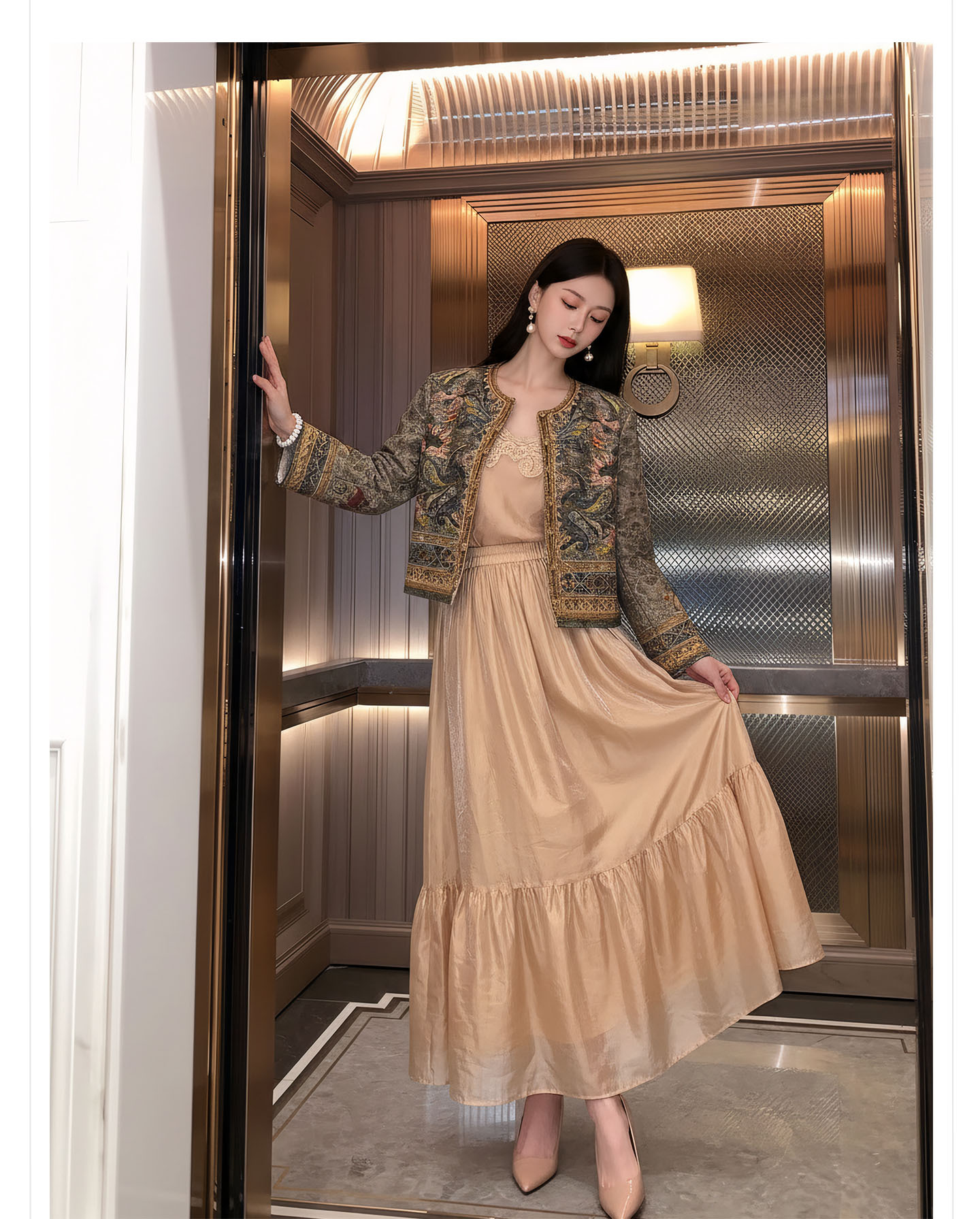 Bộ váy áo khoác + đầm maxi thắt eo phong cách Tân Trung Hoa, họa tiết jacquard nổi bật — nửa váy, Trang chủ, áo khoác chi tiết 10
