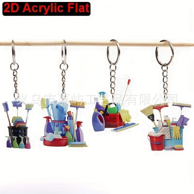 Cross-Border 2D Flat Acrylic Keychain Cleaning Tool Broom Mop Bucket Sponge Pendant Cross-Border Christmas Gift
