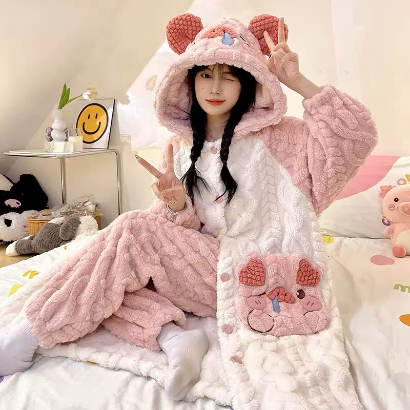 睡衣女秋冬季新款中长款睡袍珊瑚绒学生宿舍可外穿加绒加厚套装