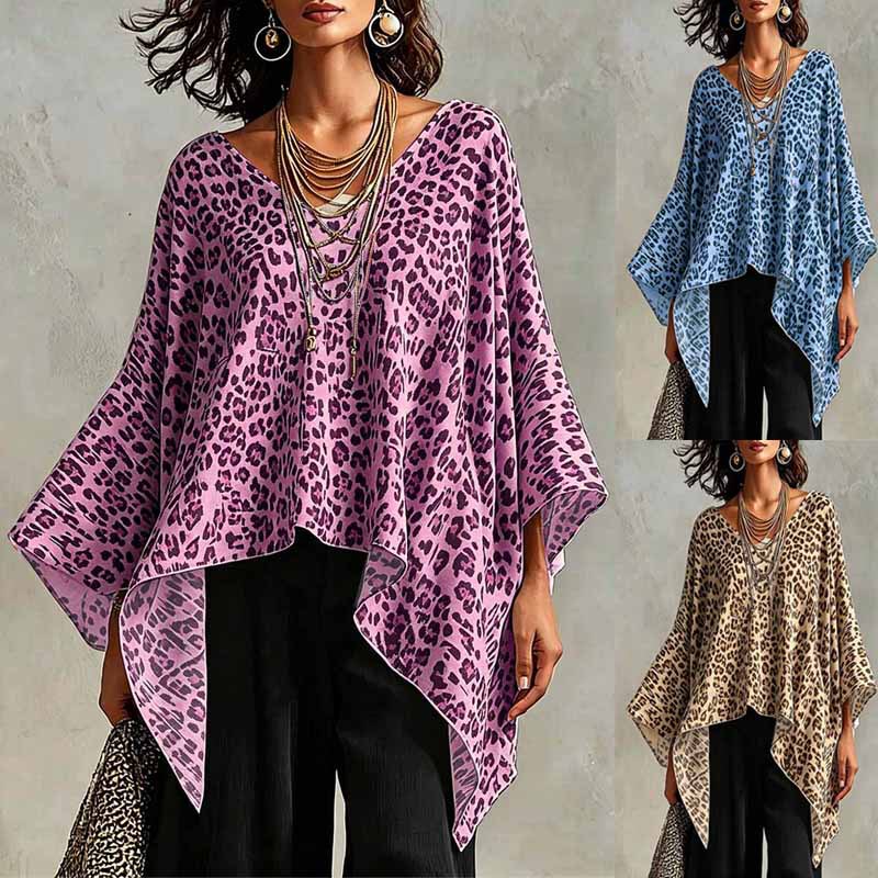 Summer New European and American Fashion Leopard Print Blouse with Round Neck, Irregular Hem, Batwing Sleeves, and Thin Fabric