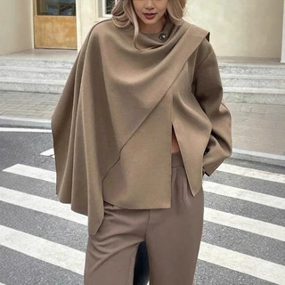 欧美跨境外贸女装慵懒舒适休闲优雅不对称围巾短款外套夹克披风衣