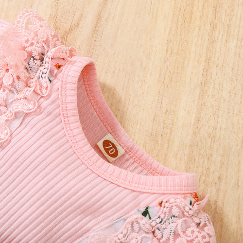 Baoxin cross-border children's clothing wholesale baby girl autumn new lace cotton pit strip stitching flower all-print one-piece harem