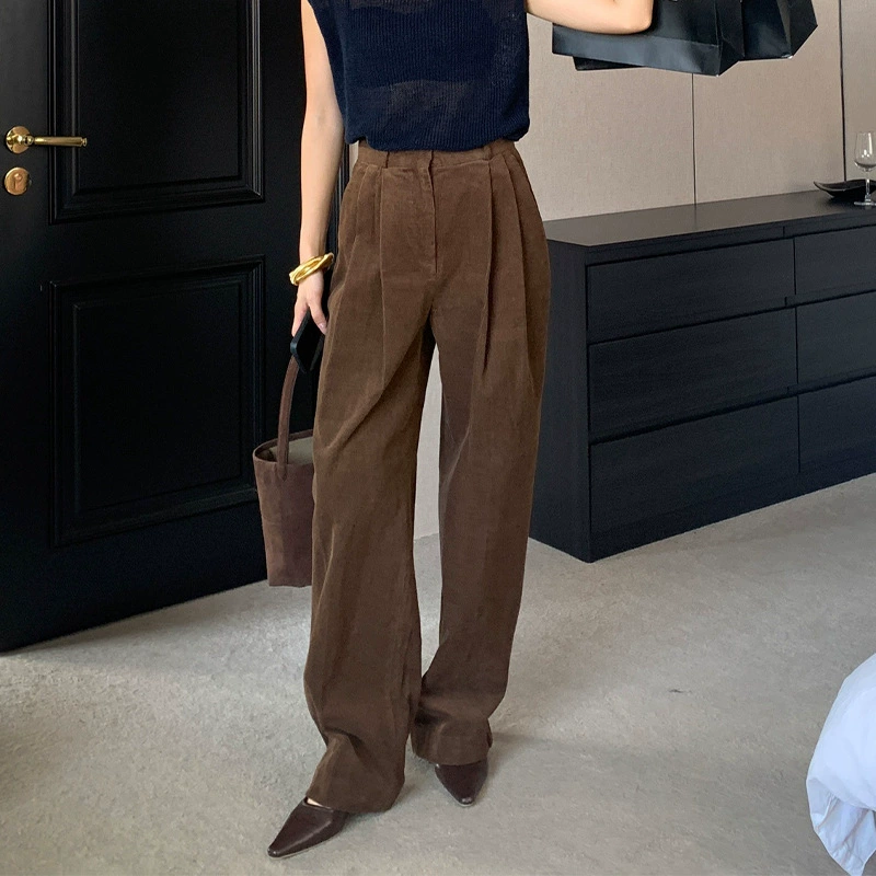 Новые винтажные женские брюки из вельвета свободного кроя прямого кроя темно-коричневого цвета карамельного оттенка, весна 2025