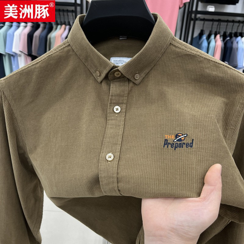 Counter same autumn new corduroy long sleeve shirt men's middle-aged retro inch shirt casual plus size embroidered shirt