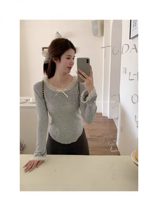 韩式蕾丝花边拼接针织衫女春秋显瘦内搭保暖v领打底衫甜美风上衣|undefined