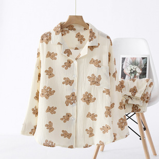 Summer thin cartoon bear dovetail crepe pajamas women's long-sleeved trousers cartoon home wear suit can be worn outside