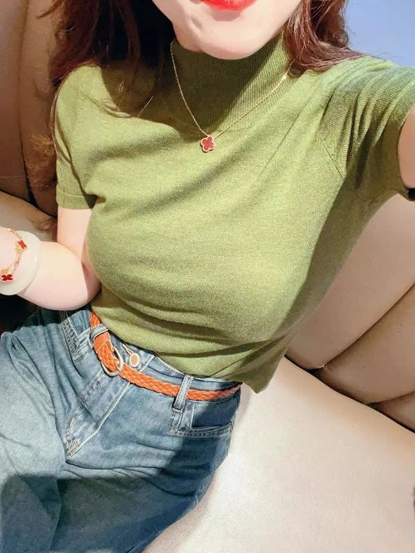 绿色半高领中袖镂空针织衫女春秋设计感修身内搭打底衫超好看上衣|undefined