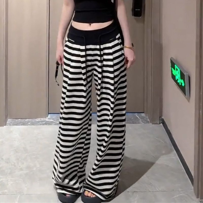 今年爆款夏季新款高腰条纹休闲裤女阔腿裤百搭显瘦长裤子|undefined
