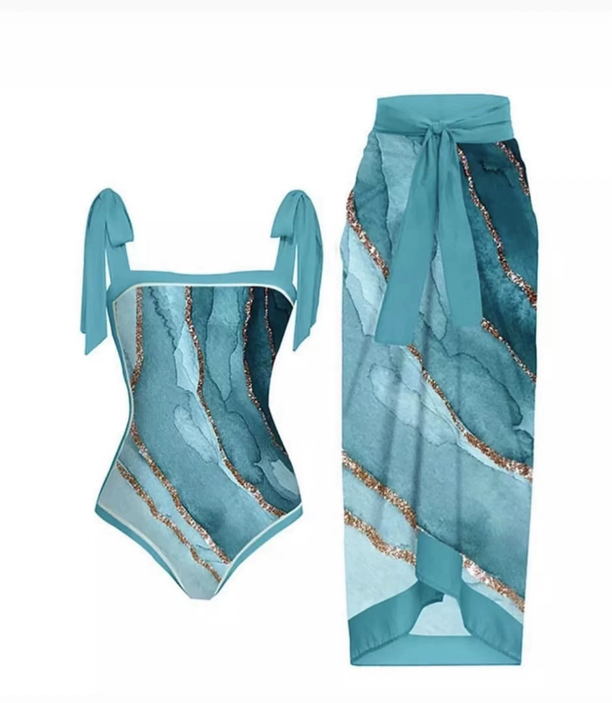 One-Piece Swimsuit (Qiao Jiayuan) 2025 Retro Style with Wrap Skirt, Crane Print, S–XL & One Size