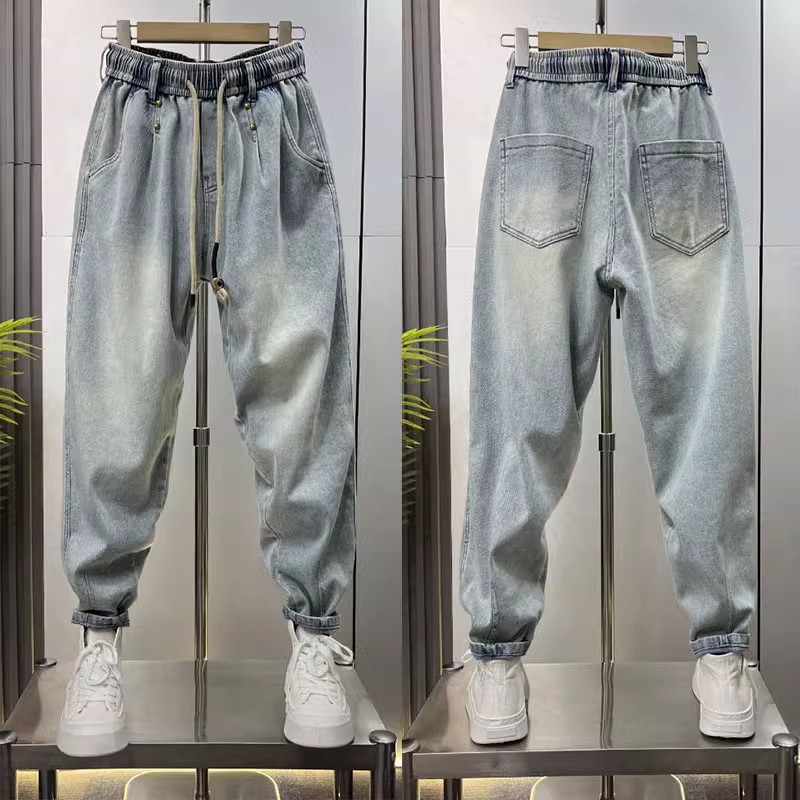 Spring and Summer Light Blue Jeans for Boys, Handsome and Trendy Harem Pants, Washed Versatile Loose Casual Carrot Pants for Men