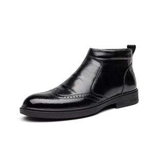 2023 Winter fleece-lined genuine leather men's mid-top casual brogue carved leather shoes Business All-match slip-on leather boots