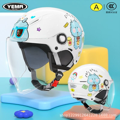 Certified Mustang Kidsren's Helmet for — Motosiklet kaskı (dəbilqə) - four-seasons-ceramic-white-milk-tea-little-dinosaur-transparent-long-mirror