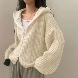 秋冬新款韩版慵懒风宽松麻花双开拉链连帽长袖针织毛衣开衫外套女