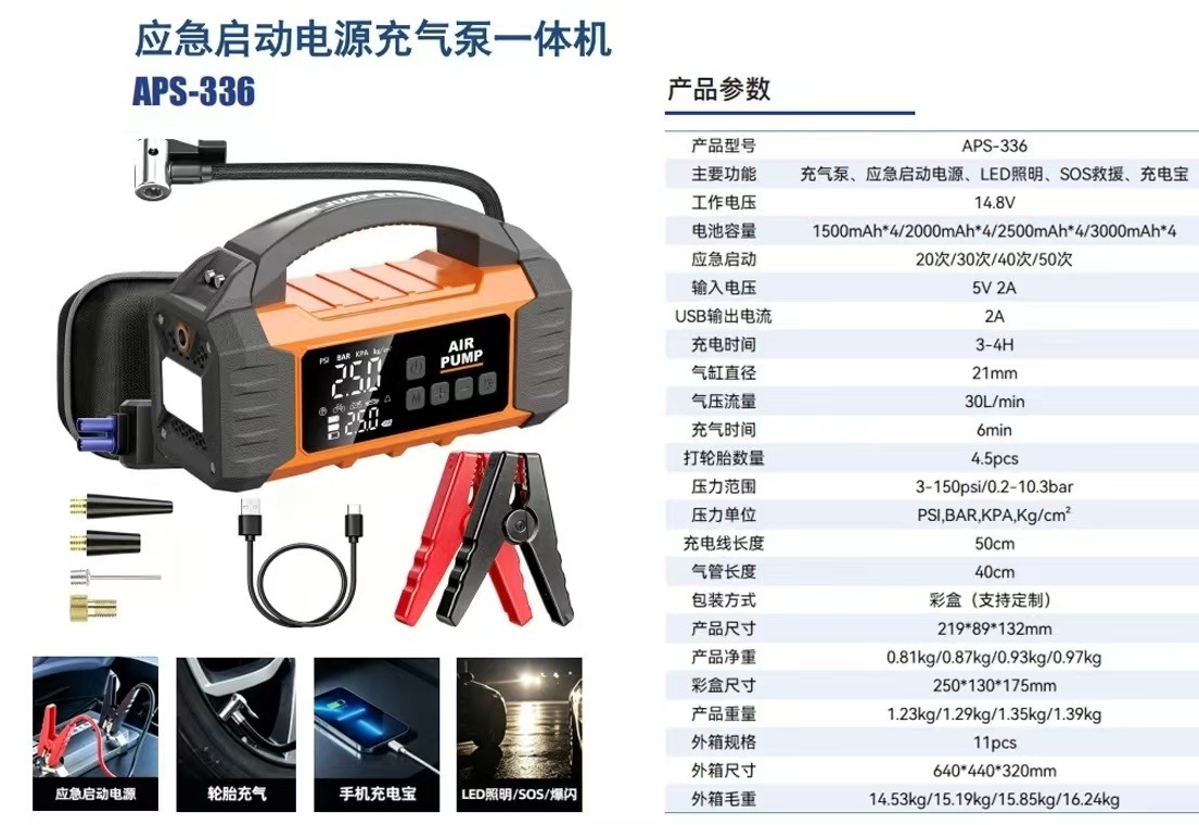 Car-mounted air pump and emergency power supply all-in-one device, portable tire inflator, battery jump starter power bank