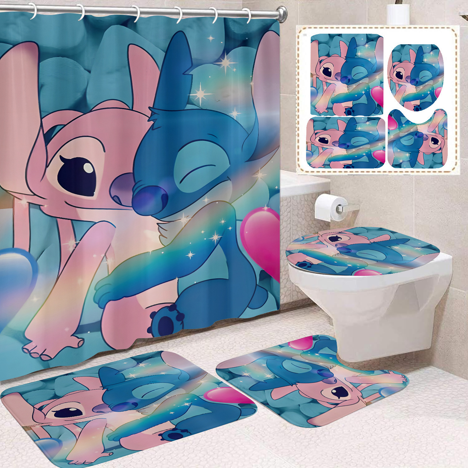 Venta directa de fábrica lindo baño de dibujos animados de cuatro piezas cortina de ducha impermeable cortina de ducha sin perforación cortina de partición de baño de baño