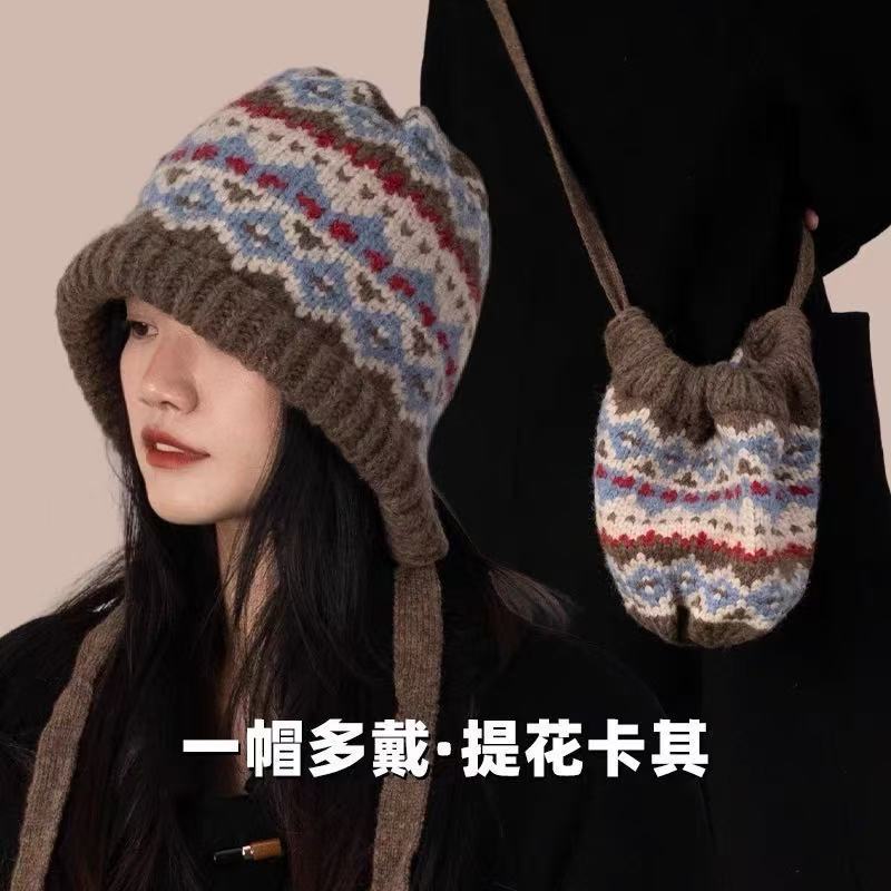 民族风帽子女冬款针织保暖骑行防寒加绒加厚显脸小护耳棉帽雷锋帽|undefined