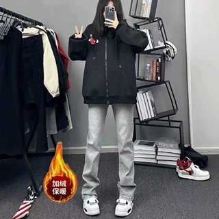 烟灰色牛仔裤男款修身ootd穿搭美式小众裤子冬季显瘦显腿长加绒裤