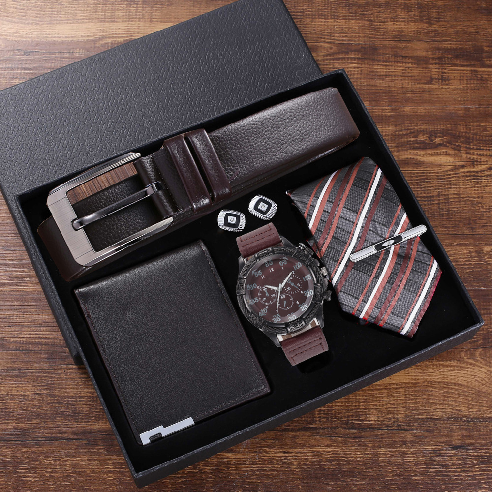 5 unids/set de gama alta traje de regalo reloj + cinturón + cartera + gemelos + corbata de moda regalo creativo