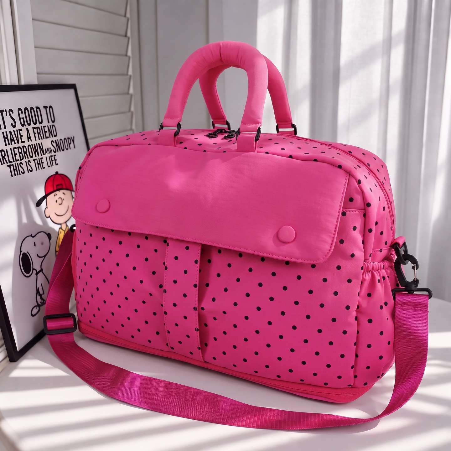 Polka dot travel bag women, large capacity, trolley sleeve
