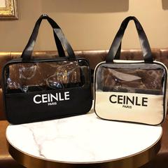 Translucent simple cosmetic bag portable canvas letter zipper tote bag fashionable square large capacity storage bag