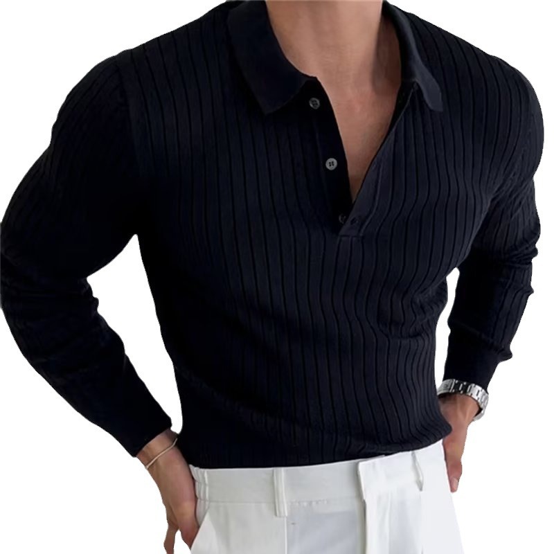 Camisa POLO de manga larga tejida para hombre, top de solapa a rayas sencillo para fitness de otoño, camisa POLO de manga larga para hombre image 6