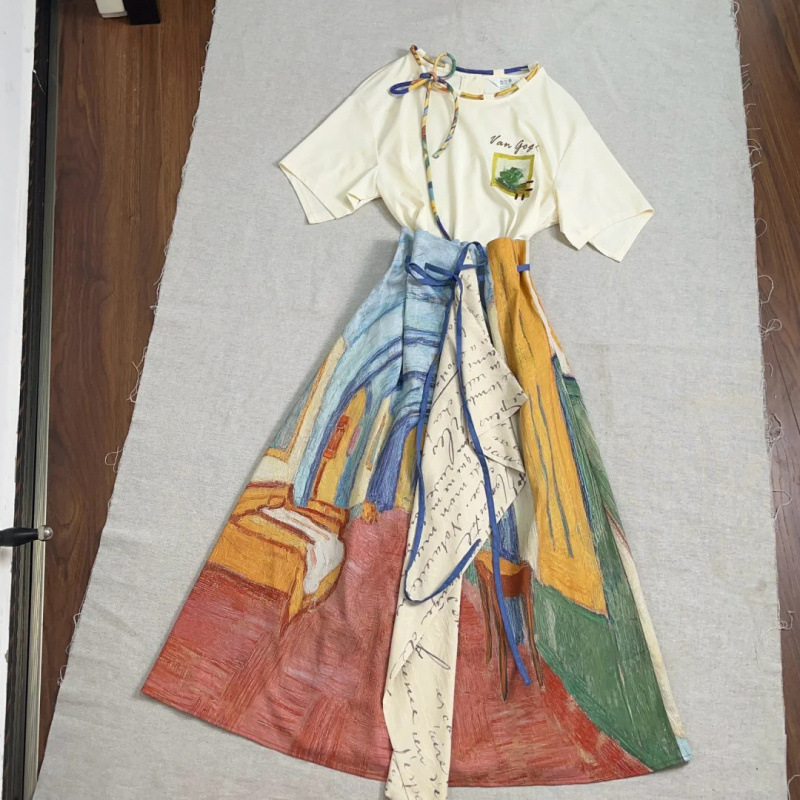 フレンチレトロ文学半袖Tシャツトップス不規則スカートレディース夏ゴッホ油絵風ウェア1|undefined