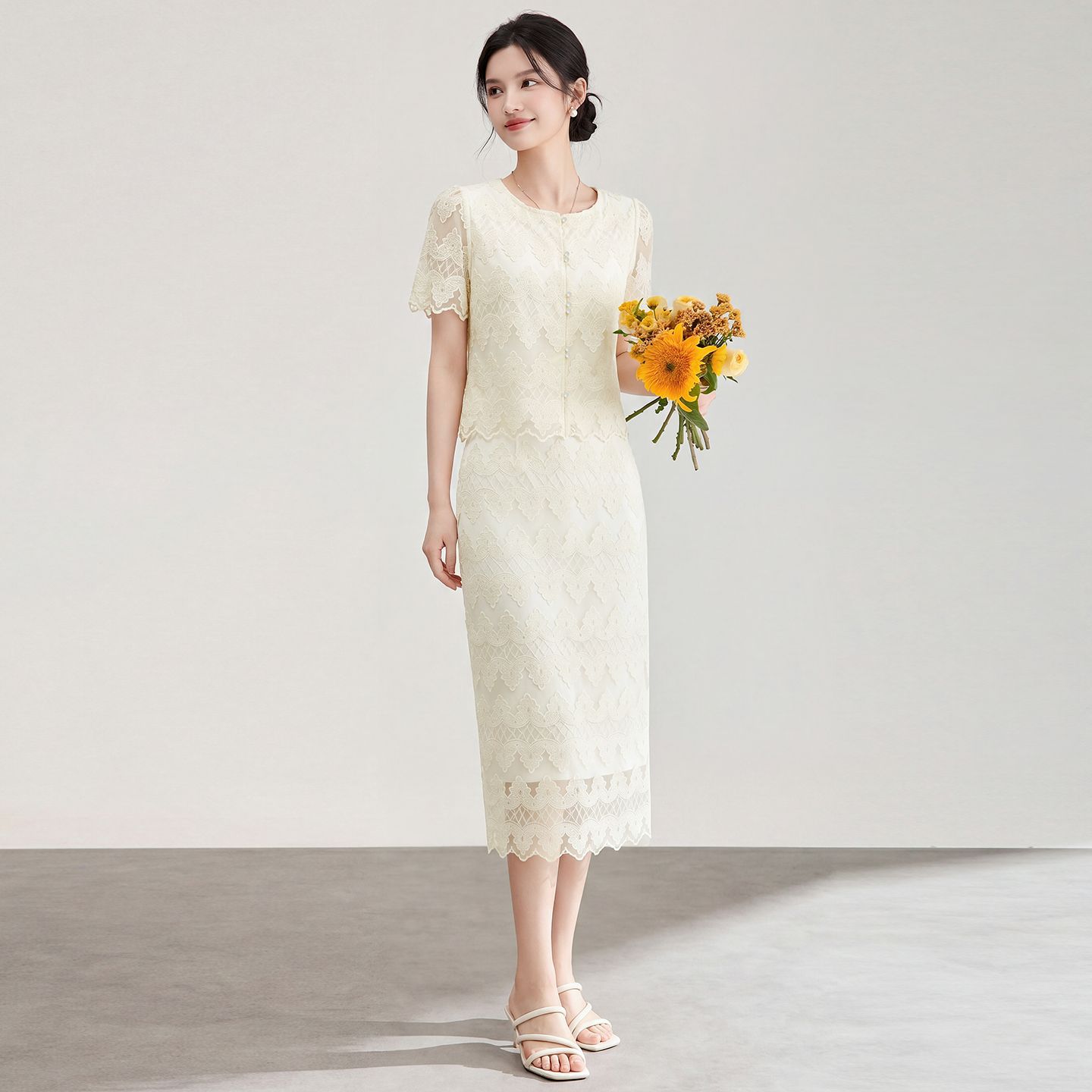 Bộ áo cardigan ren phối chân váy chữ A hai mảnh phong cách Pháp — màu mơ
