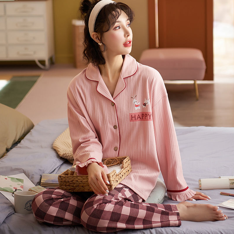 100% pijamas de algodón Primavera y otoño de las mujeres de manga larga coreana dulce princesa estilo cardigan desgaste del hogar traje de dos piezas