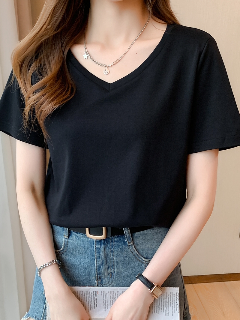 黑色V领T恤女装短袖宽松夏季棉打底衫正肩薄款上衣半袖体恤短款