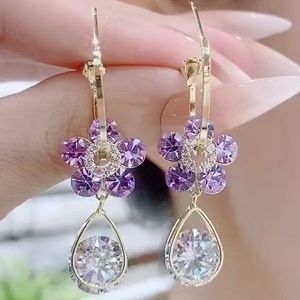 1 pair S925 silver needle purple crystal flower earrings web celebrity light hot style advanced sense of luxury niche design earrings wholesale