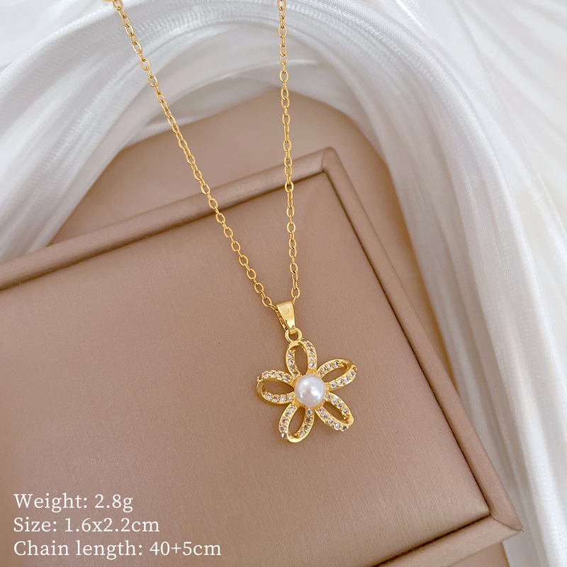 Wunderschöne Perlenkette Mit Fünfblättriger Blume Aus Titanstahl_voghion.com