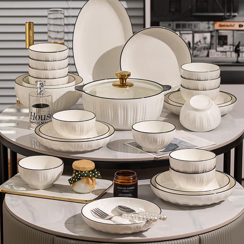 Pure White Underglaze Color Kitchenware Plate Bowl Full Set High Color Value Vertical Pattern Anti-scalding Household Rice Bowl Dish Ceramic Tableware