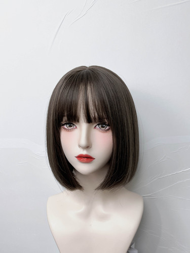 Styling Hairpiece - Black Brown Short Hair for Women with Air Strands, Bobo Style, Simulation Youthful Round Face Bob Hairstyle, Full Head Cover
