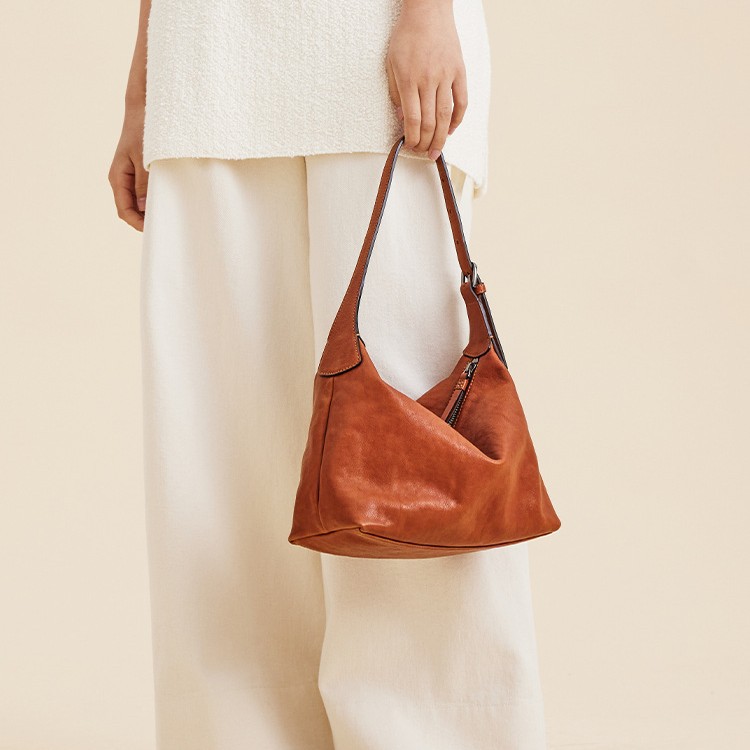 QiuZhen Vegetable-Tanned Cowhide Classic Hobo Bag - Versatile Casual Shoulder & Crossbody Commuter Dumpling Bag For Women - Thumbnail 3