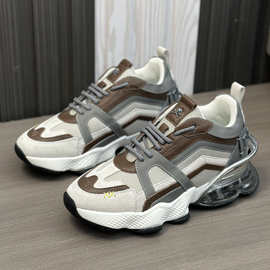 气垫老爹鞋男牛皮拼接网面透气休闲鞋2025新款春秋百搭旅游运动鞋