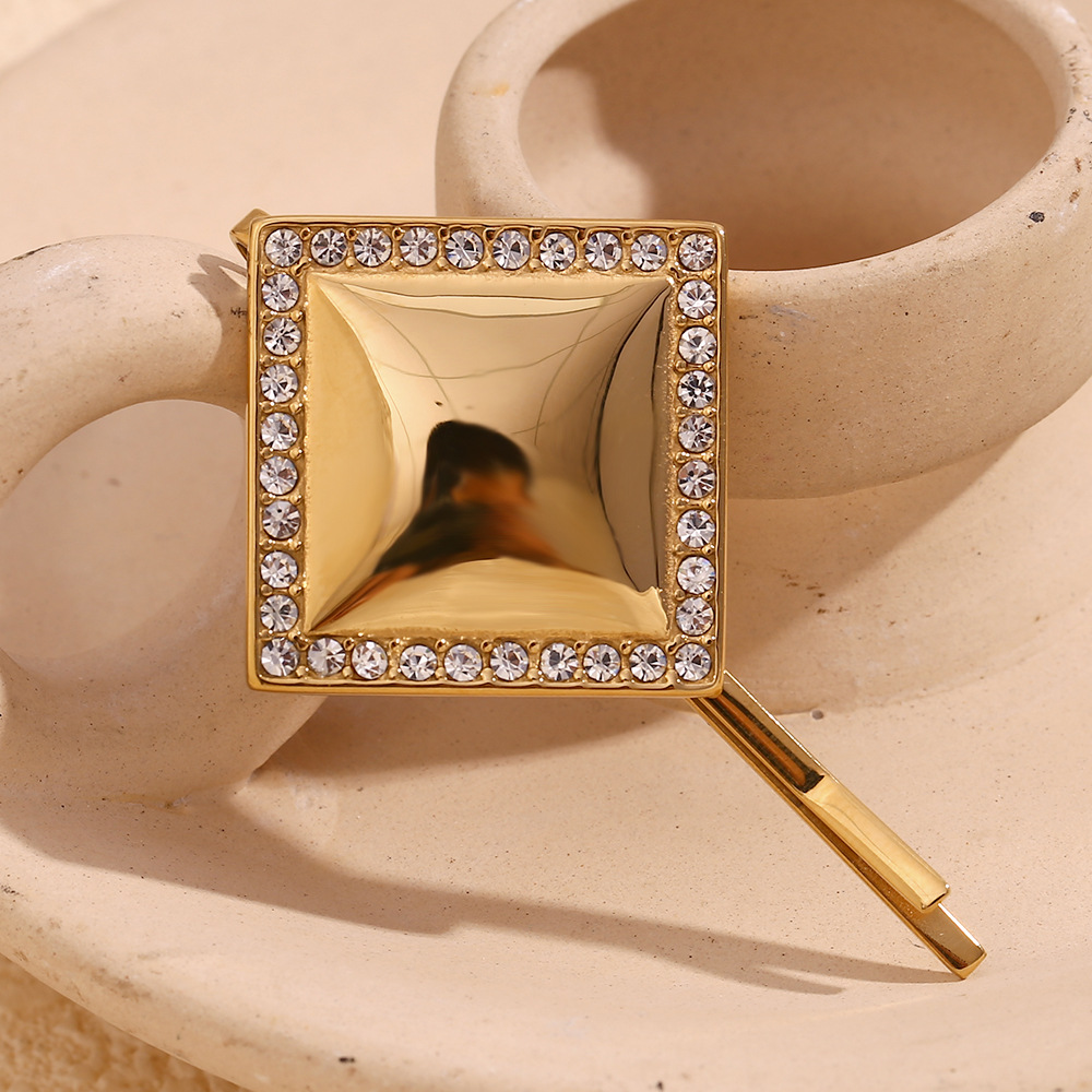 Accessori per capelli unisex alla moda con design geometrico semplice in acciaio inossidabile placcato oro con bordo quadrato liscio e forcina con diamante_voghion.com