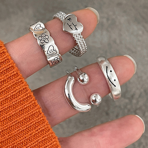 Korean style Korean version smiley face love combination ring for women light luxury retro sweet and cool niche design advanced index finger ring