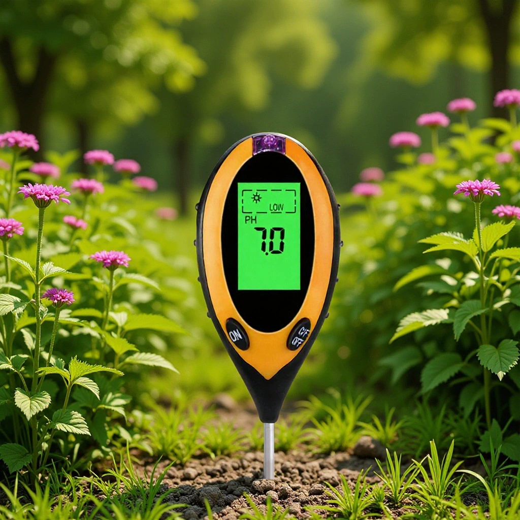 Электронный измеритель четырех параметров почвы: влажность, температура, pH, кислотность, интенсивность света и плодородие для точного измерения.