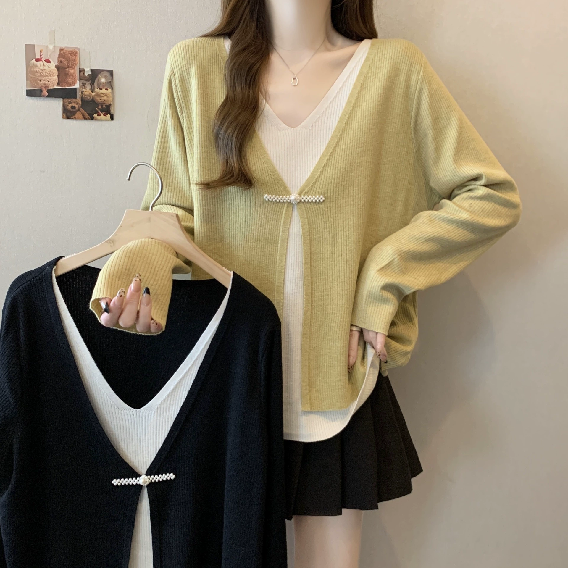 Женский трикотаж больших размеров с v-образным вырезом, имитация двух предметов, свободный утягивающий трикотаж для женщин, новинка 2025 года, весенний верхний топ с длинными рукавами